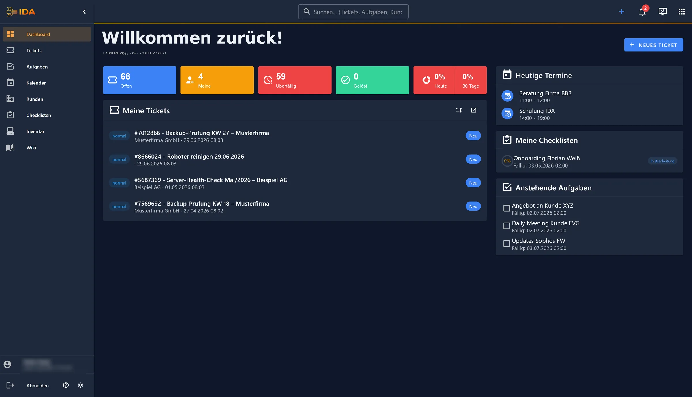 IDA Dashboard: offene Vorgänge, überfällige Tickets, heutige Termine, Checklisten und Aufgaben auf einen Blick